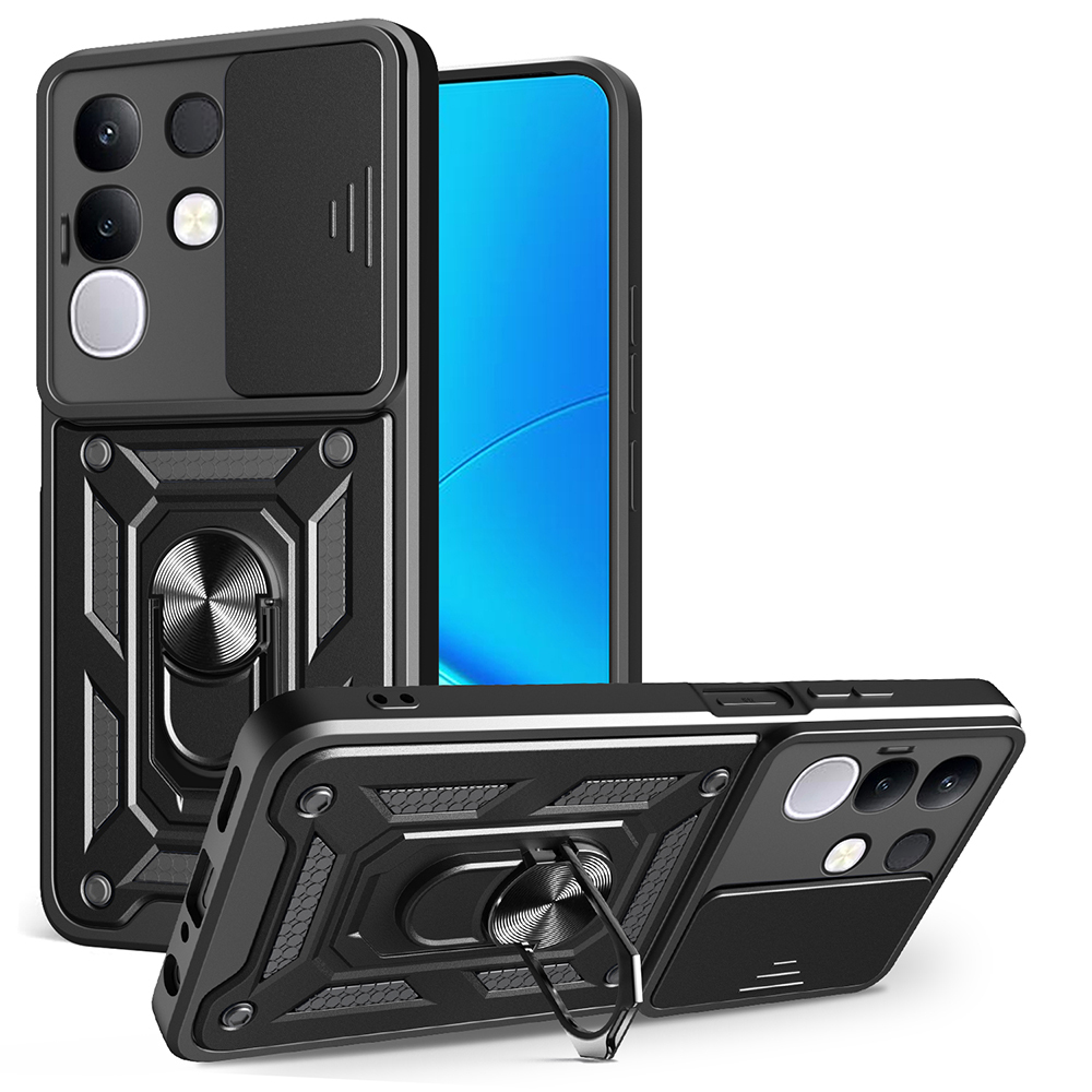 Vivo Y29 4G Kılıf Magnetik Standlı Kamera Korumalı Zore Sürgülü Vega Kapak-Siyah