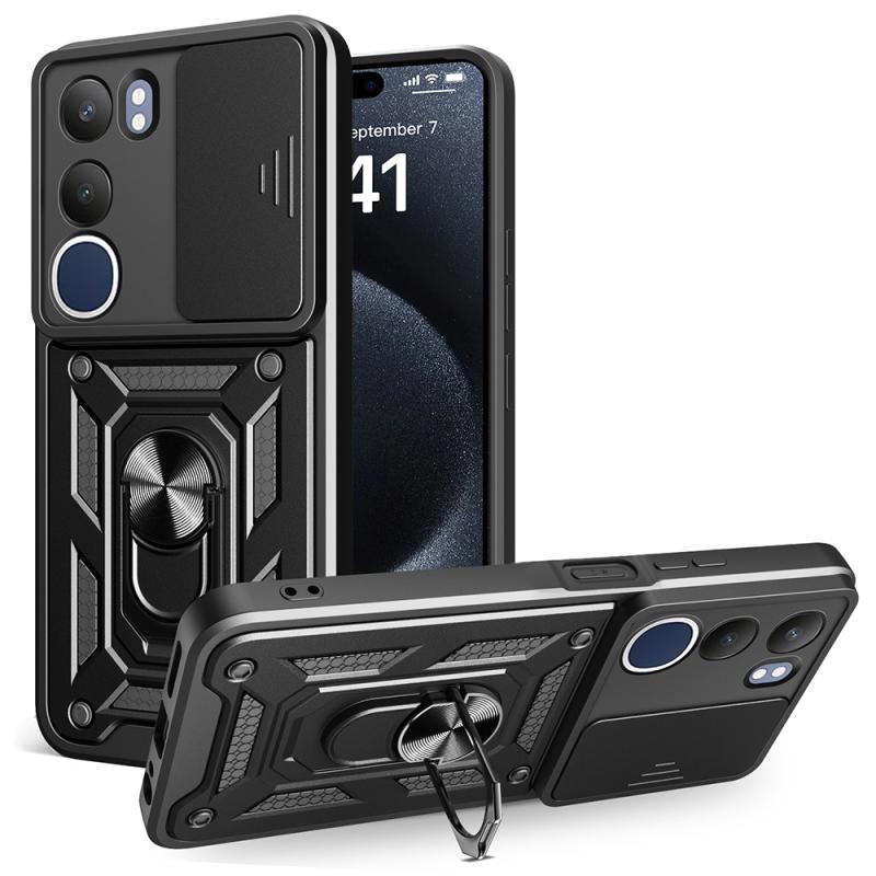 Vivo Y19S Kılıf Magnetik Standlı Kamera Korumalı Zore Sürgülü Vega Kapak-Siyah