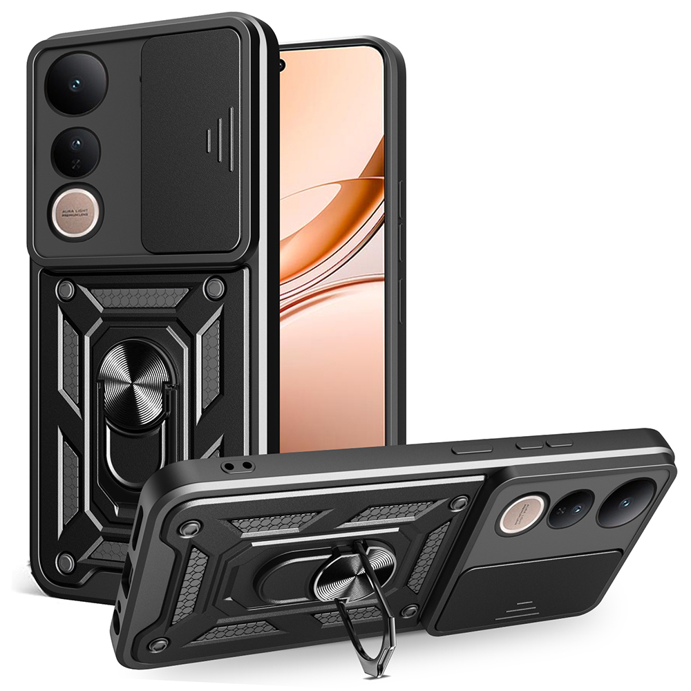 Vivo V50 Lite 4G Kılıf Magnetik Standlı Kamera Korumalı Zore Sürgülü Vega Kapak-Siyah