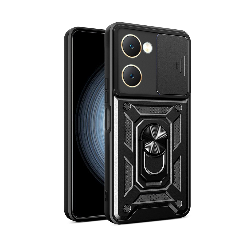Vivo Y18 Kılıf Magnetik Standlı Kamera Korumalı Zore Sürgülü Vega Kapak-Siyah
