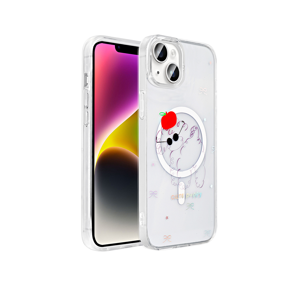 iPhone Uyumlu 13 Kılıf M-Safe Şarj Özellikli Şeffaf Zore Folk Sert Kapak-Sevimli köpek