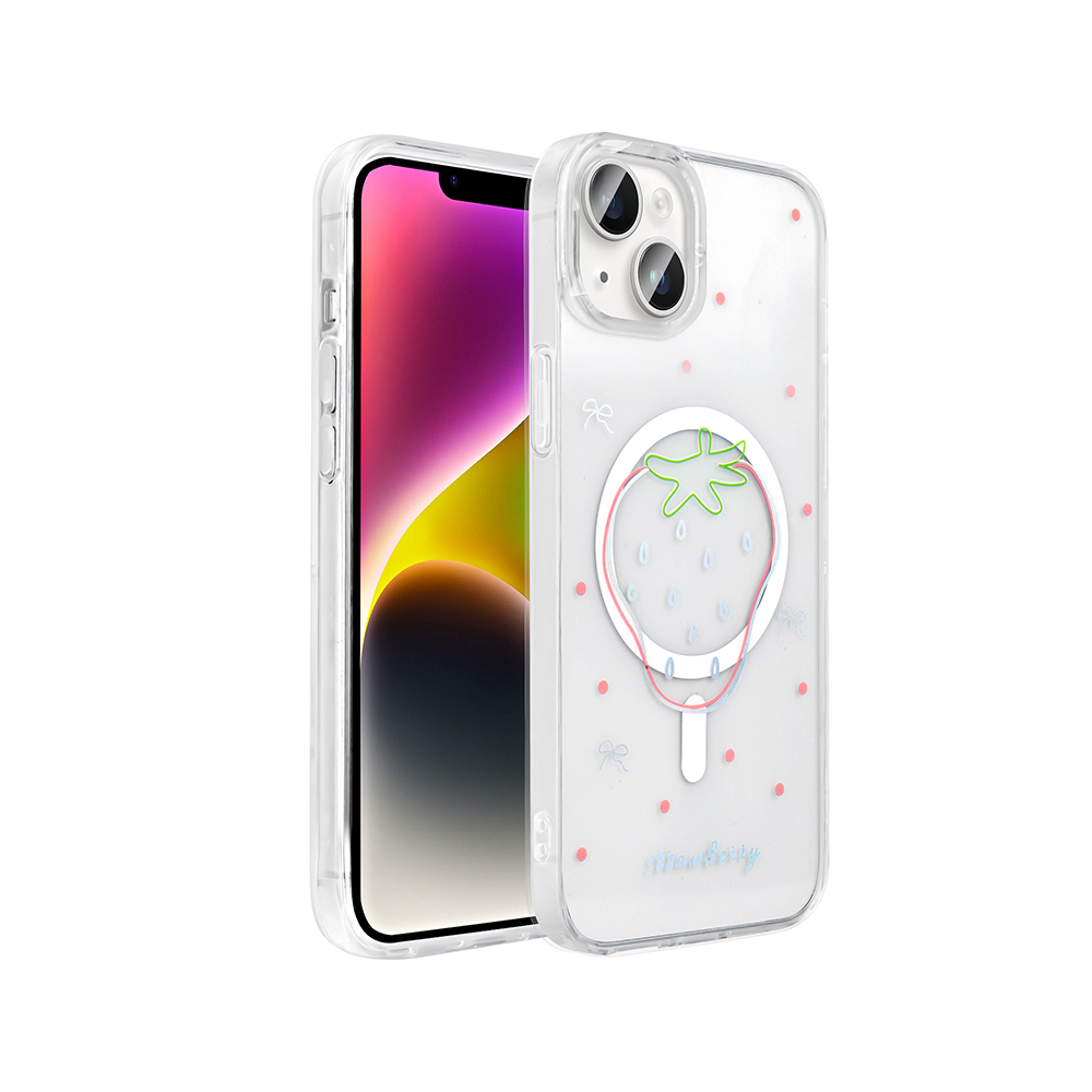 iPhone Uyumlu 15 Plus Kılıf M-Safe Şarj Özellikli Şeffaf Zore Folk Sert Kapak-Çilek