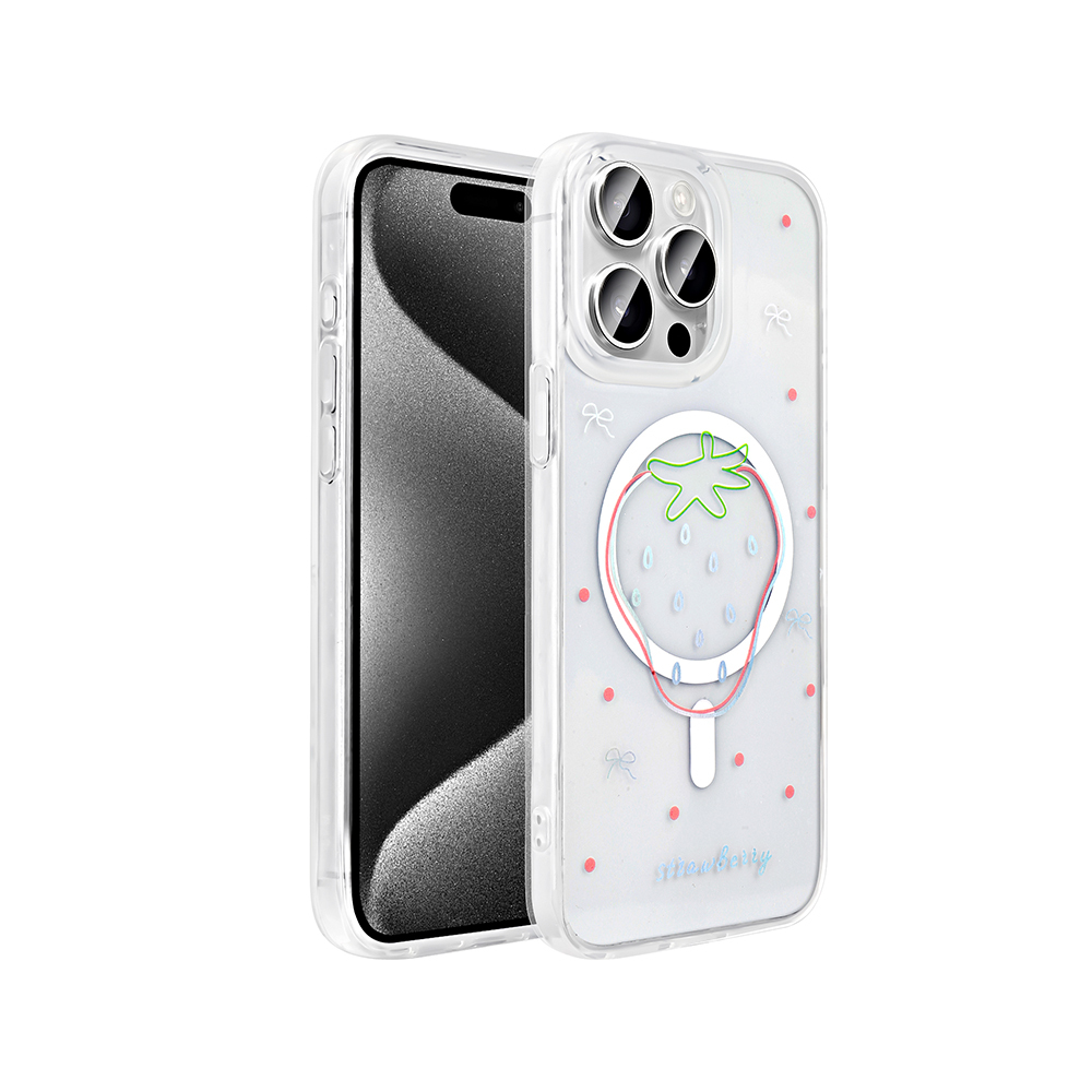 iPhone Uyumlu 15 Pro Max Kılıf M-Safe Şarj Özellikli Şeffaf Zore Folk Sert Kapak-Çilek
