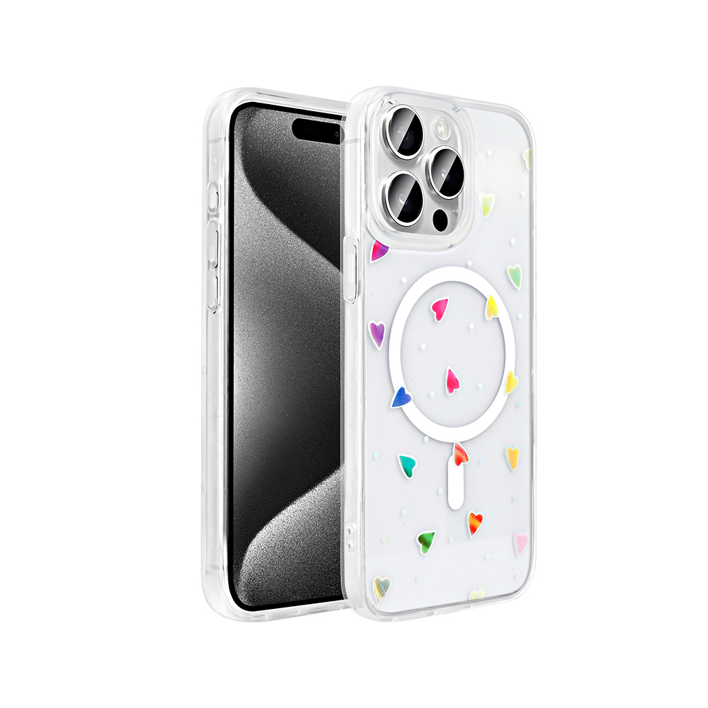 iPhone Uyumlu 15 Pro Max Kılıf M-Safe Şarj Özellikli Şeffaf Zore Folk Sert Kapak-Kalp