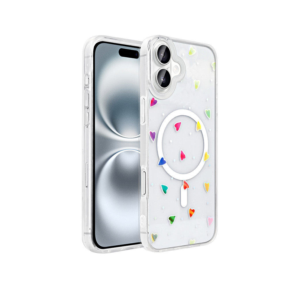 iPhone Uyumlu 16 Kılıf M-Safe Şarj Özellikli Şeffaf Zore Folk Sert Kapak-Kalp