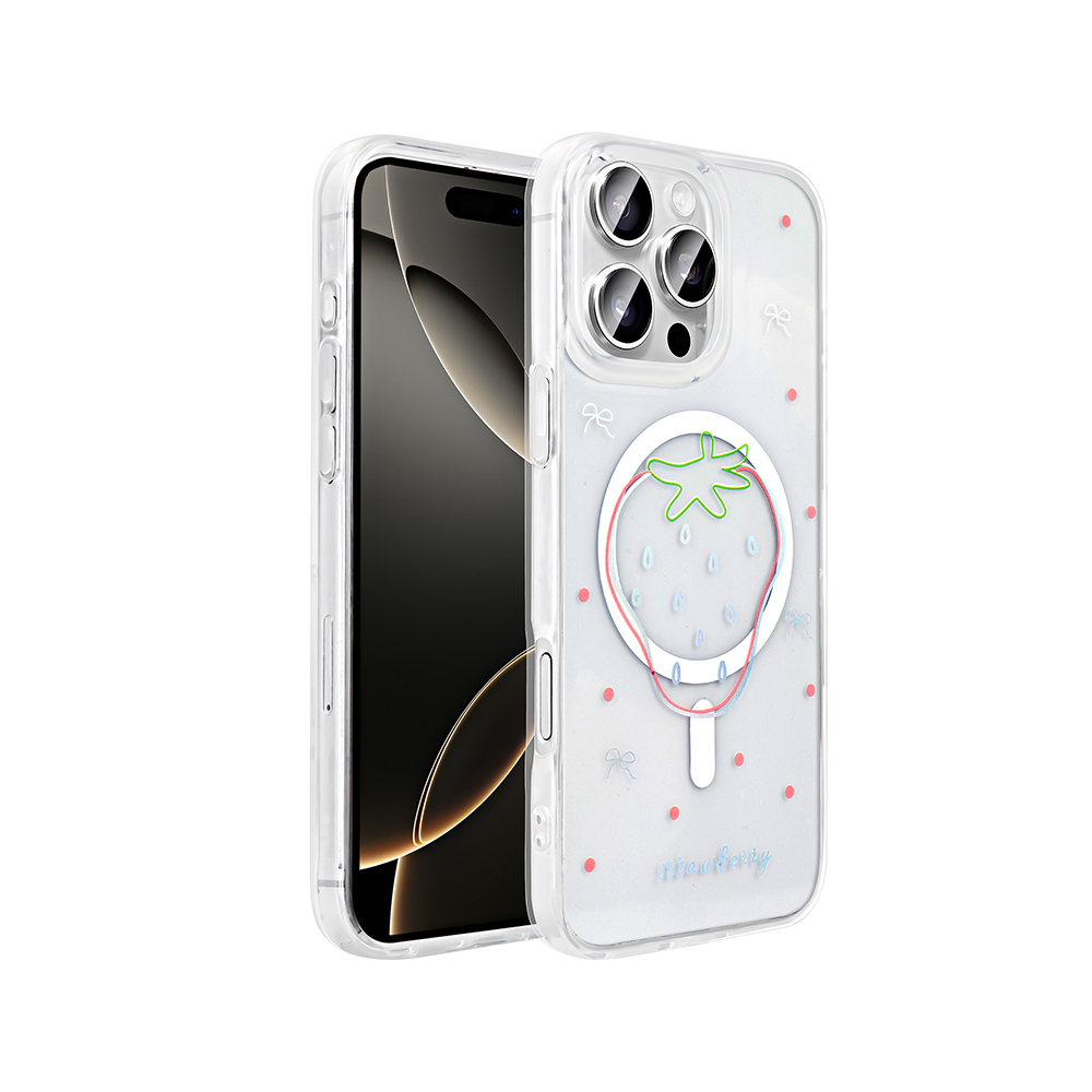 iPhone Uyumlu 16 Pro Kılıf M-Safe Şarj Özellikli Şeffaf Zore Folk Sert Kapak-Çilek