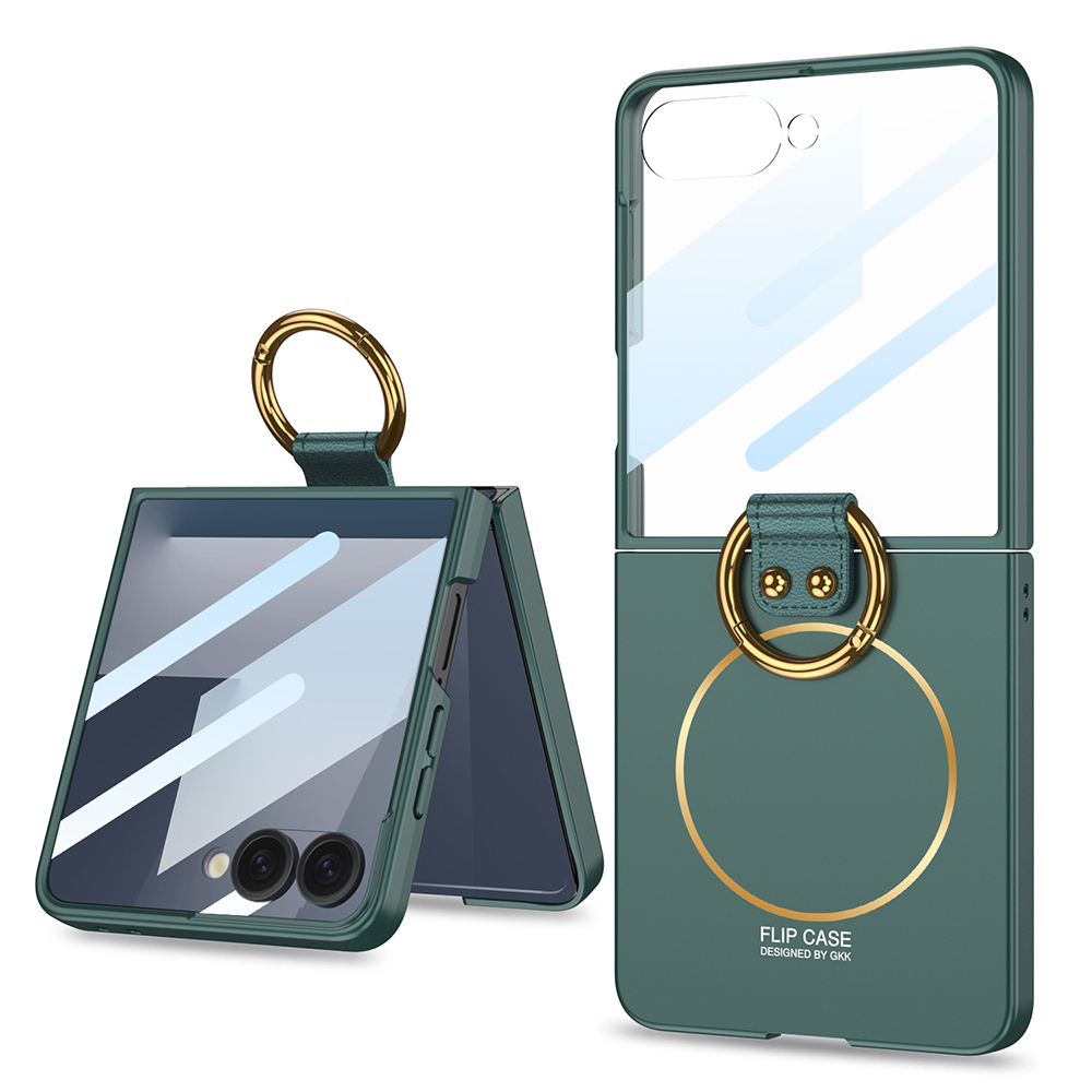 Galaxy Uyumlu Z Flip 7 Kılıf M-safe Şarj Özellikli Zore Kıpta Yüzüklü Flip Sert Kapak-Koyu yeşil