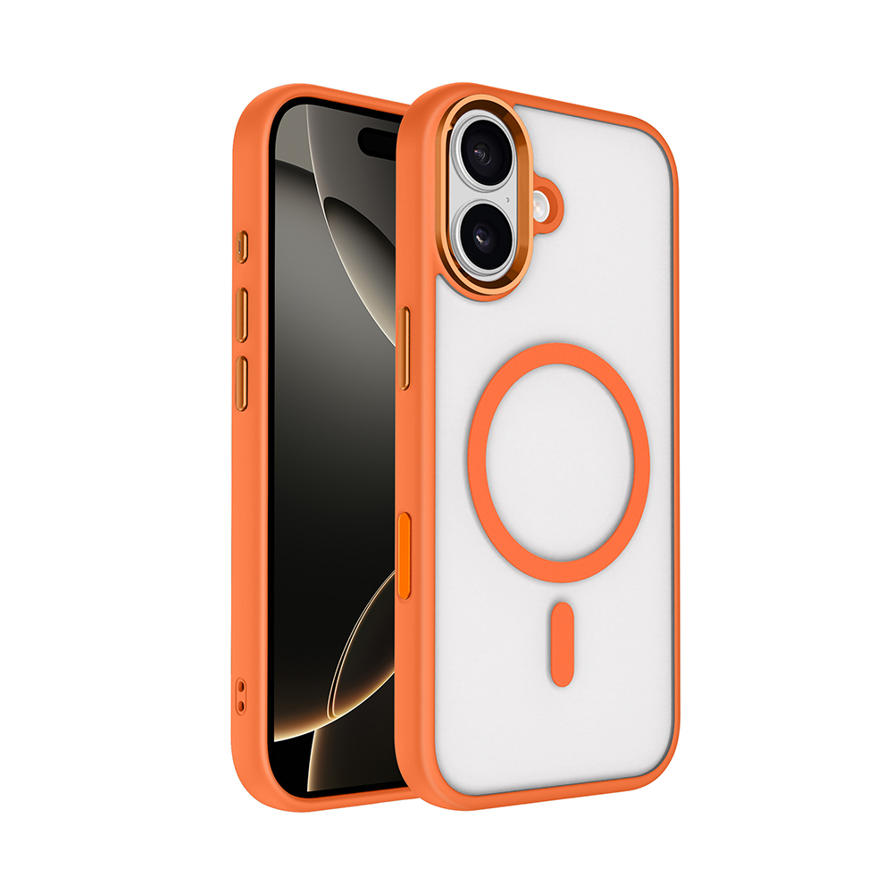 iPhone Uyumlu 17 Kılıf Wireless Şarj Özellikli Zore Krom M-safe Silikon Kapak-Turuncu