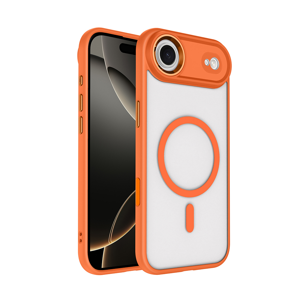 iPhone Uyumlu 17 Air Kılıf Wireless Şarj Özellikli Zore Krom M-safe Silikon Kapak-Turuncu