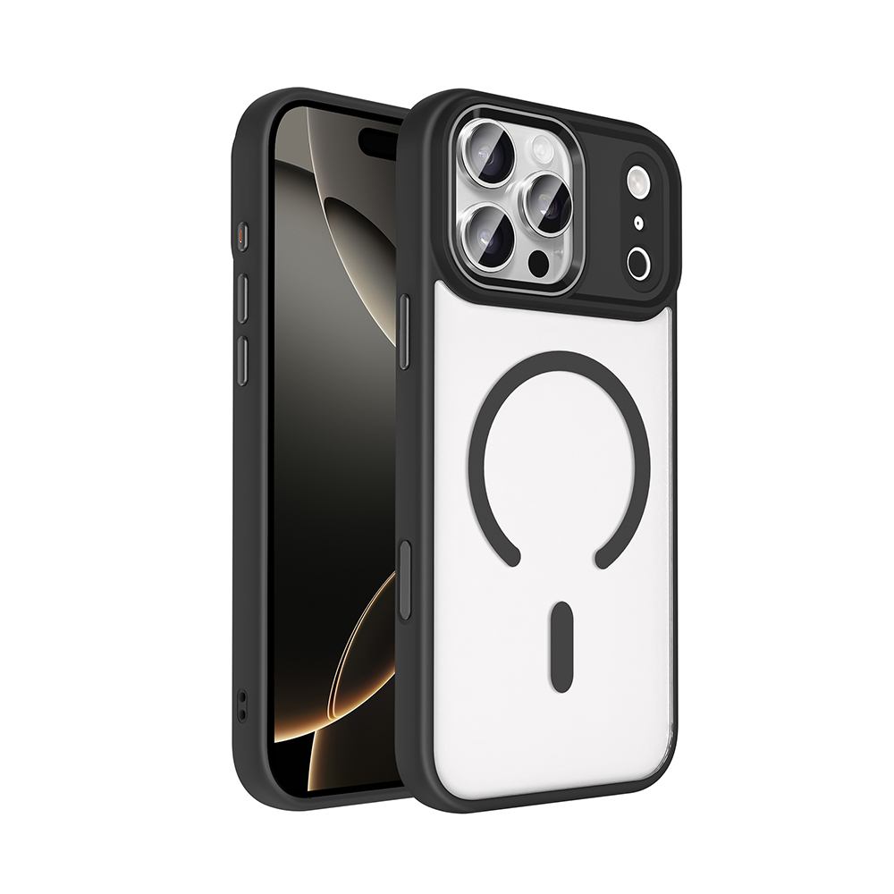 iPhone Uyumlu 17 Pro Kılıf Wireless Şarj Özellikli Zore Krom M-safe Silikon Kapak-Siyah
