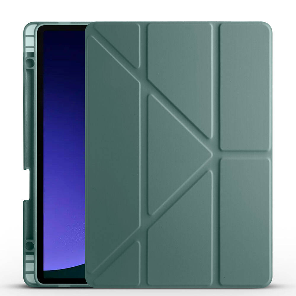 Galaxy Uyumlu Tab S10 FE Kılıf Zore Tri Folding Kalem Bölmeli Standlı Kılıf-Koyu yeşil