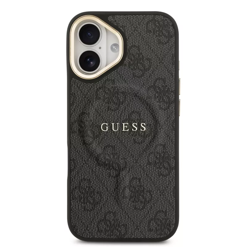iPhone Uyumlu 17 Kılıf Guess Orjinal Lisanslı M-safe Şarj Özellikli Gold Metal Kamera Çerçeveli PU Deri 4G Desenli Yazı Logolu Kapak