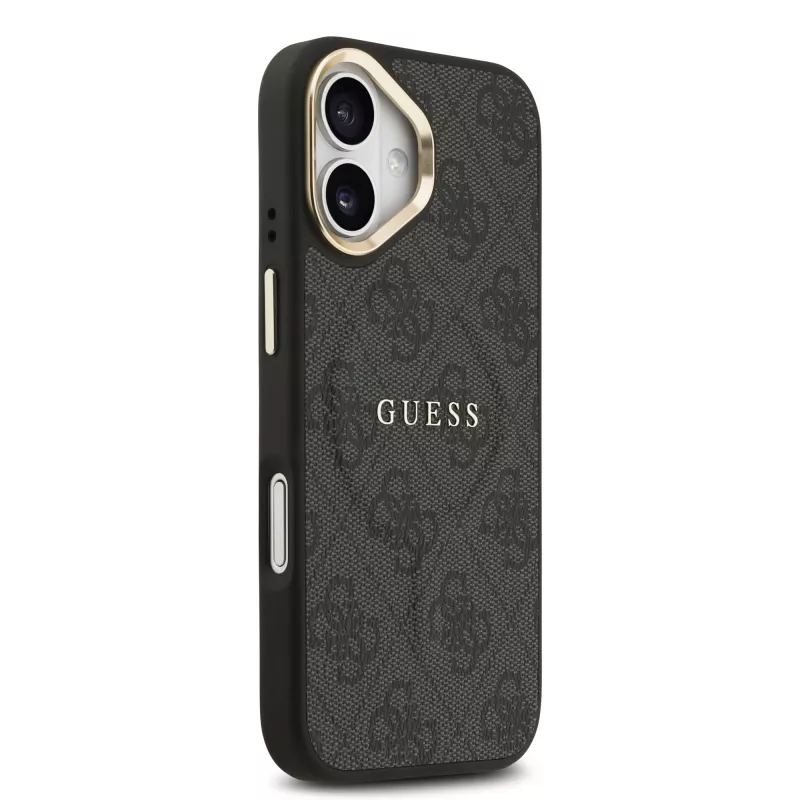 iPhone Uyumlu 17 Kılıf Guess Orjinal Lisanslı M-safe Şarj Özellikli Gold Metal Kamera Çerçeveli PU Deri 4G Desenli Yazı Logolu Kapak