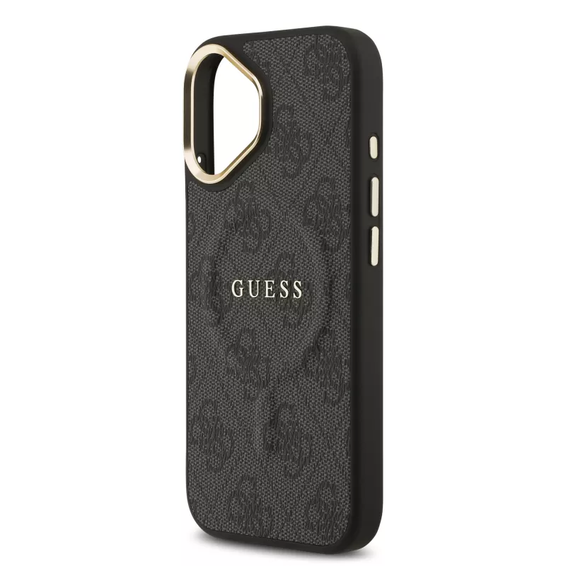 iPhone Uyumlu 17 Kılıf Guess Orjinal Lisanslı M-safe Şarj Özellikli Gold Metal Kamera Çerçeveli PU Deri 4G Desenli Yazı Logolu Kapak