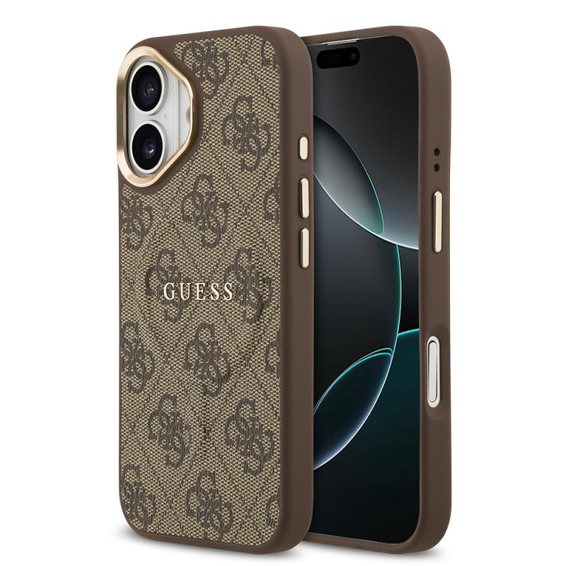 iPhone Uyumlu 17 Kılıf Guess Orjinal Lisanslı M-safe Şarj Özellikli Gold Metal Kamera Çerçeveli PU Deri 4G Desenli Yazı Logolu Kapak-Kahverengi