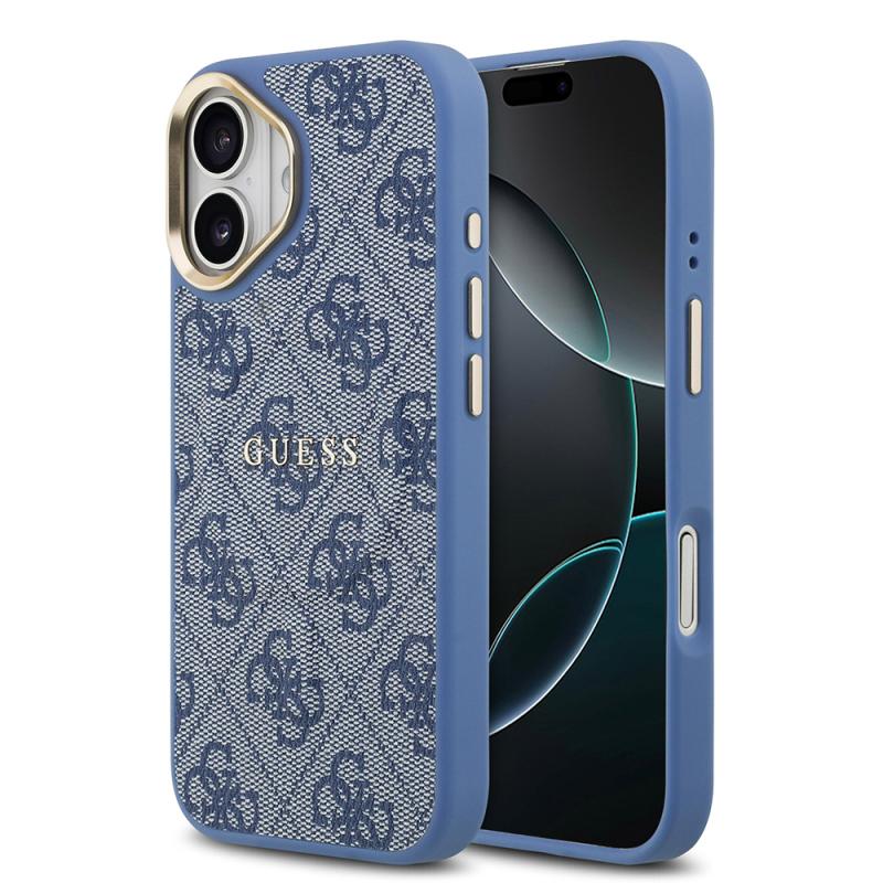 iPhone Uyumlu 17 Kılıf Guess Orjinal Lisanslı M-safe Şarj Özellikli Gold Metal Kamera Çerçeveli PU Deri 4G Desenli Yazı Logolu Kapak-Mavi
