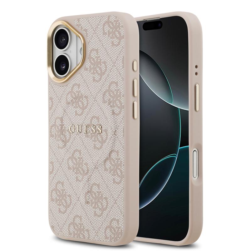 iPhone Uyumlu 17 Kılıf Guess Orjinal Lisanslı M-safe Şarj Özellikli Gold Metal Kamera Çerçeveli PU Deri 4G Desenli Yazı Logolu Kapak-Pembe