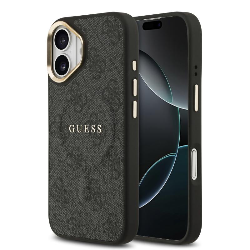 iPhone Uyumlu 17 Kılıf Guess Orjinal Lisanslı M-safe Şarj Özellikli Gold Metal Kamera Çerçeveli PU Deri 4G Desenli Yazı Logolu Kapak