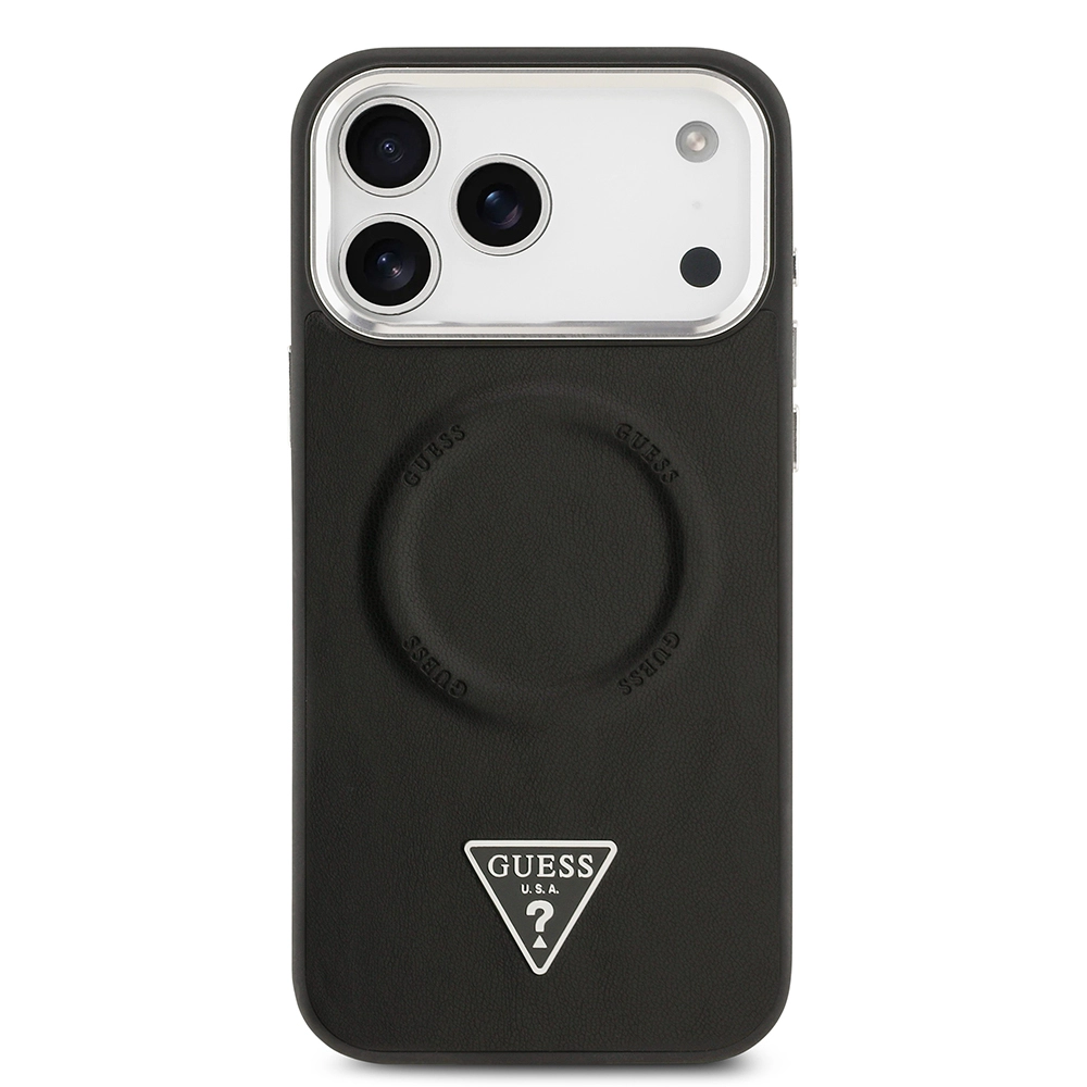 iPhone Uyumlu 17 Pro Kılıf Guess Orjinal Lisanslı M-safe Şarj Özellikli PU Deri Metal Kamera Çerçeveli Üçgen Logolu Kapak