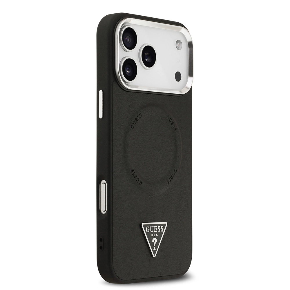 iPhone Uyumlu 17 Pro Kılıf Guess Orjinal Lisanslı M-safe Şarj Özellikli PU Deri Metal Kamera Çerçeveli Üçgen Logolu Kapak
