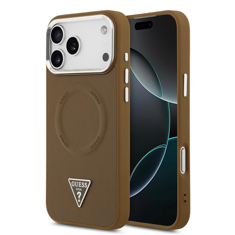 iPhone Uyumlu 17 Pro Kılıf Guess Orjinal Lisanslı M-safe Şarj Özellikli PU Deri Metal Kamera Çerçeveli Üçgen Logolu Kapak-Kahverengi