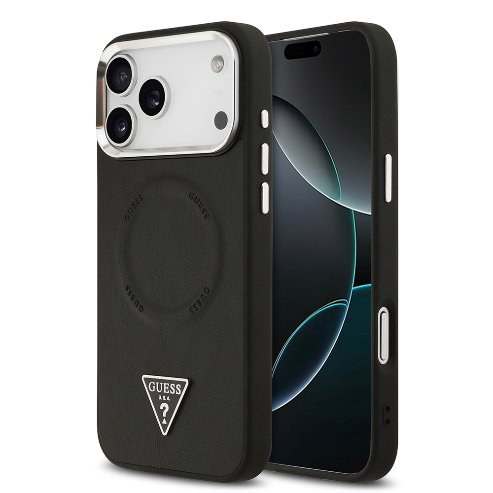 iPhone Uyumlu 17 Pro Kılıf Guess Orjinal Lisanslı M-safe Şarj Özellikli PU Deri Metal Kamera Çerçeveli Üçgen Logolu Kapak