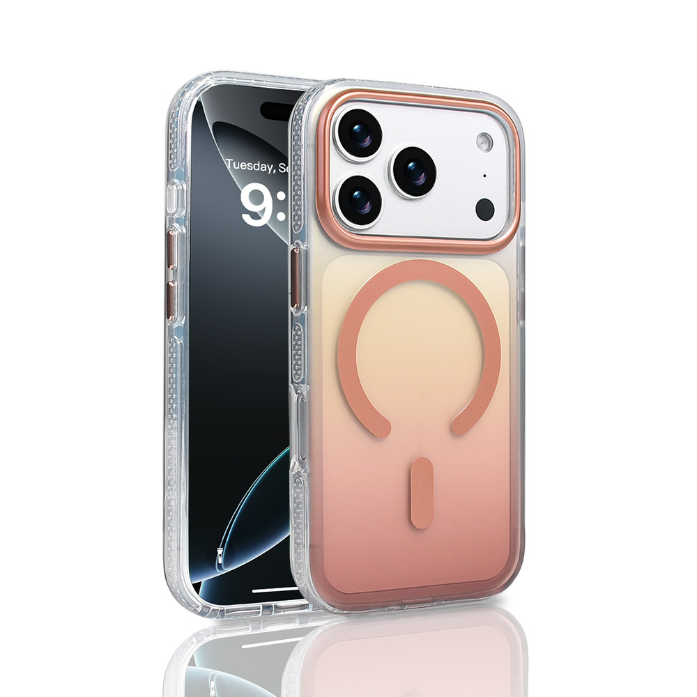 iPhone Uyumlu 17 Pro Kılıf M-safe Şarj Özellikli Transparan Renk Geçişli Zore Toros Kapak-Rose gold