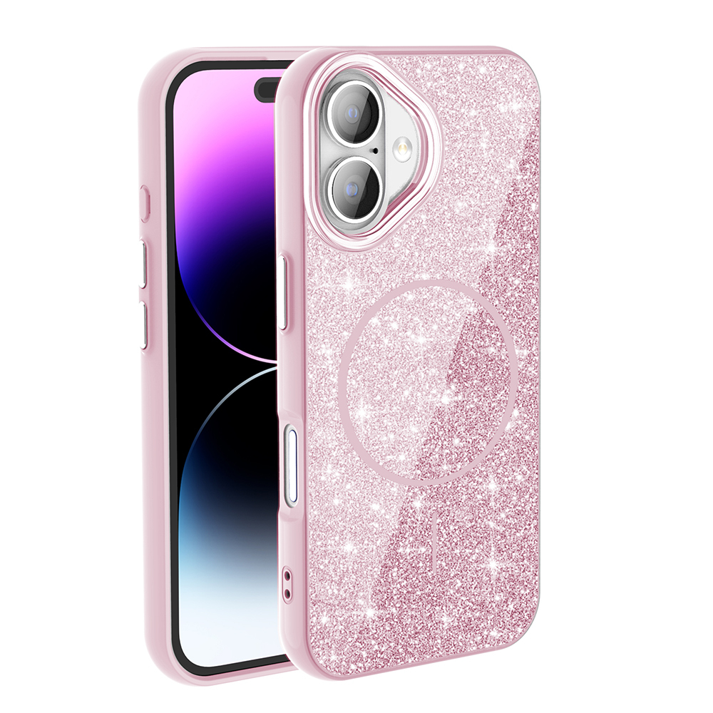 iPhone Uyumlu 17 Kılıf M-safe Şarj Özellikli Parlayan Simli Zore Okso Kapak-Pembe
