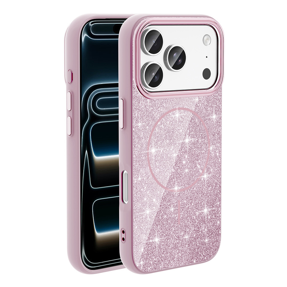 iPhone Uyumlu 17 Pro Max Kılıf M-safe Şarj Özellikli Parlayan Simli Zore Okso Kapak-Pembe