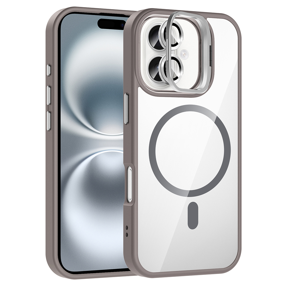 iPhone Uyumlu 17 Kılıf Standlı ve Kamera Lens Hediyeli M-Safe Şarj Özellikli Zore Etro Kapak-Gri