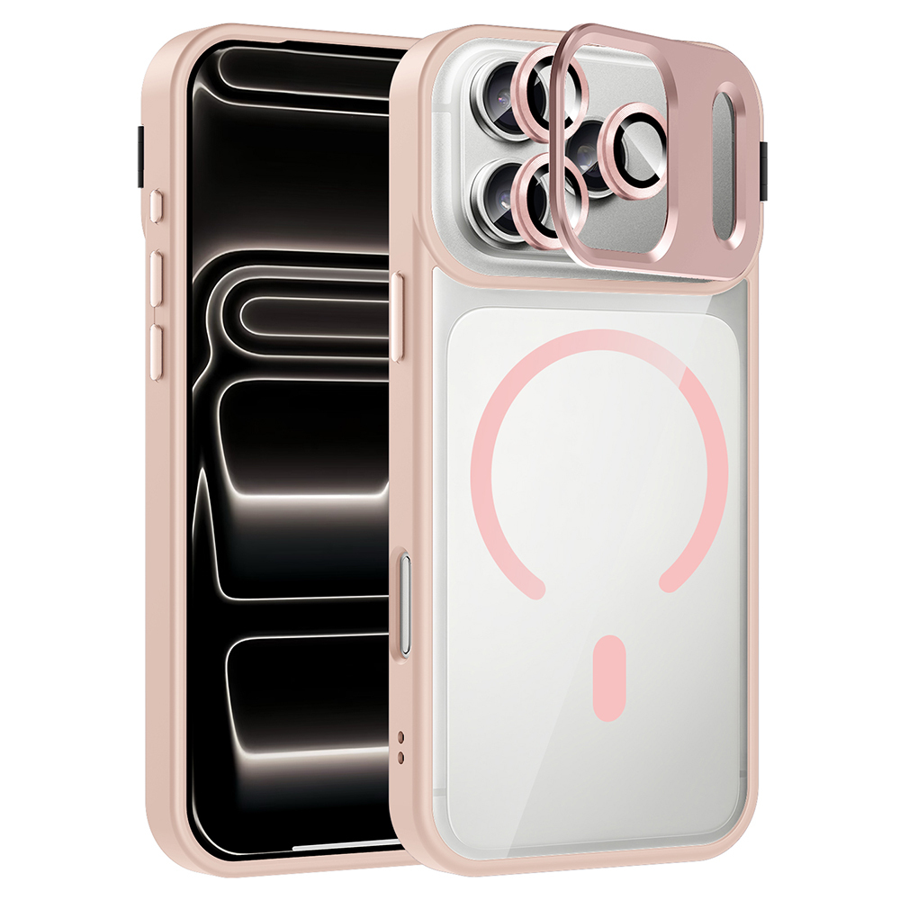 iPhone Uyumlu 17 Pro Kılıf Standlı ve Kamera Lens Hediyeli M-Safe Şarj Özellikli Zore Etro Kapak-Pembe