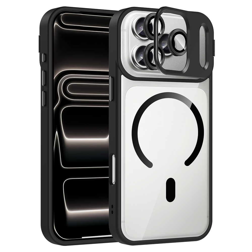 iPhone Uyumlu 17 Pro Kılıf Standlı ve Kamera Lens Hediyeli M-Safe Şarj Özellikli Zore Etro Kapak-Siyah
