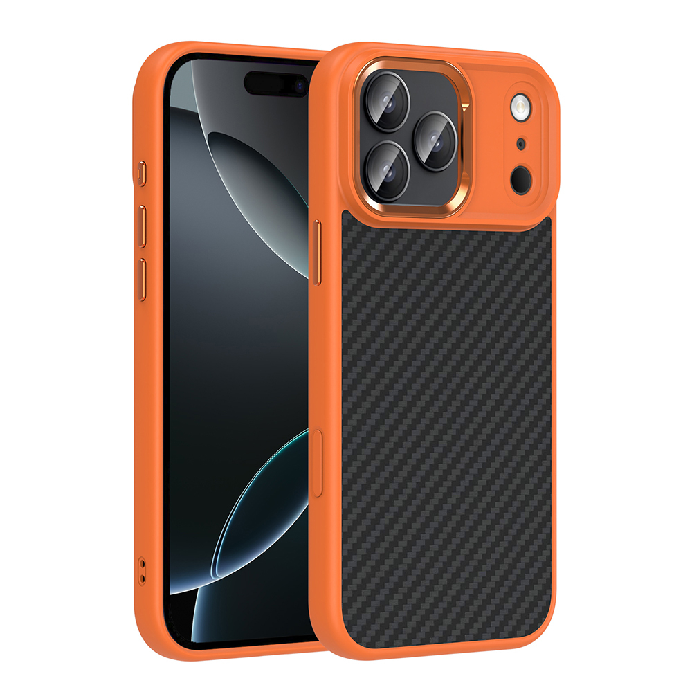 iPhone Uyumlu 17 Pro Kılıf M-Safe Şarj Özellikli Karbon Fiber Görünümlü Zore Truva Silikon Kapak-Turuncu