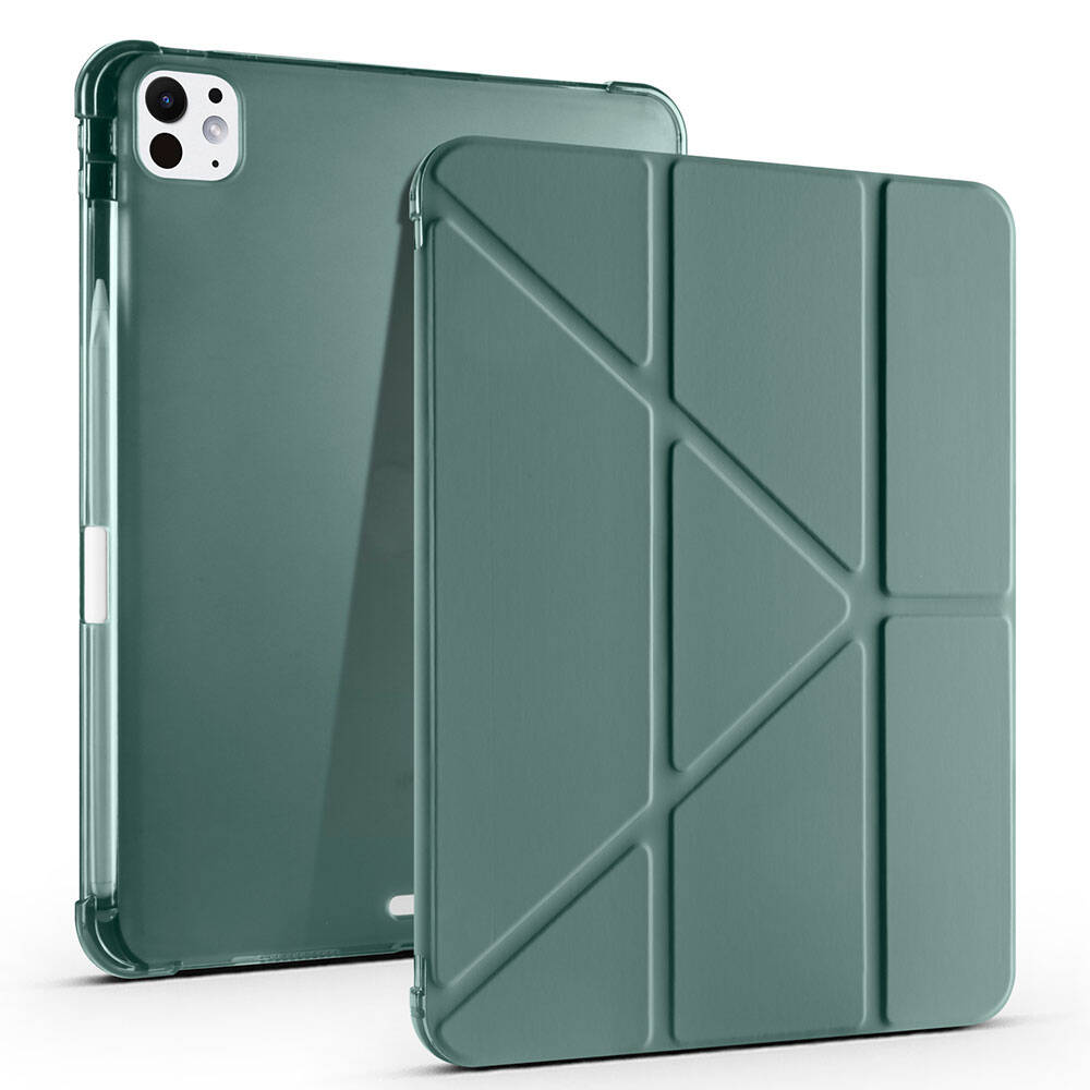 iPad Uyumlu Pro 11 2025 M5 Kılıf Zore Tri Folding Kalem Bölmeli Standlı Kılıf-Koyu yeşil