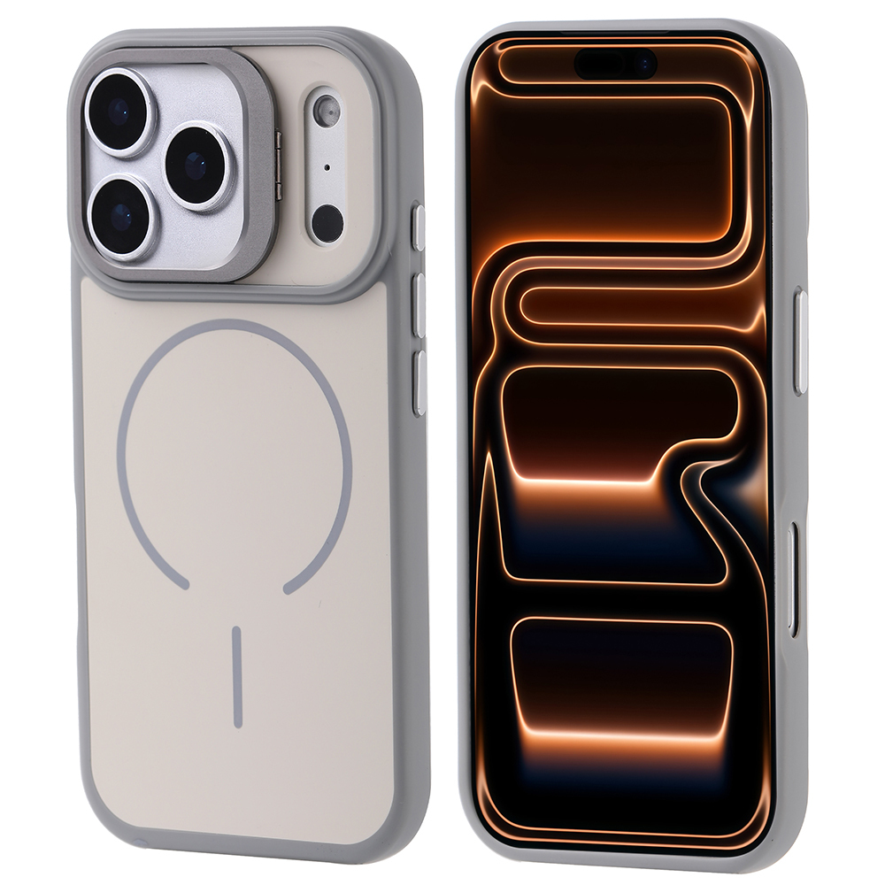 iPhone Uyumlu 17 Pro Max Kılıf M-safe Şarj Özellikli Kamera Standlı Zore Notron Kapak-Gri