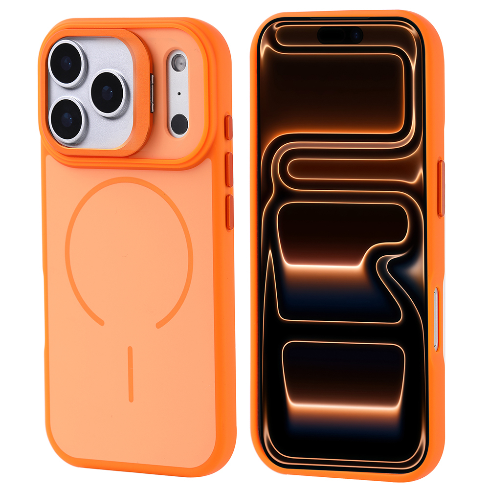 iPhone Uyumlu 17 Pro Max Kılıf M-safe Şarj Özellikli Kamera Standlı Zore Notron Kapak-Turuncu
