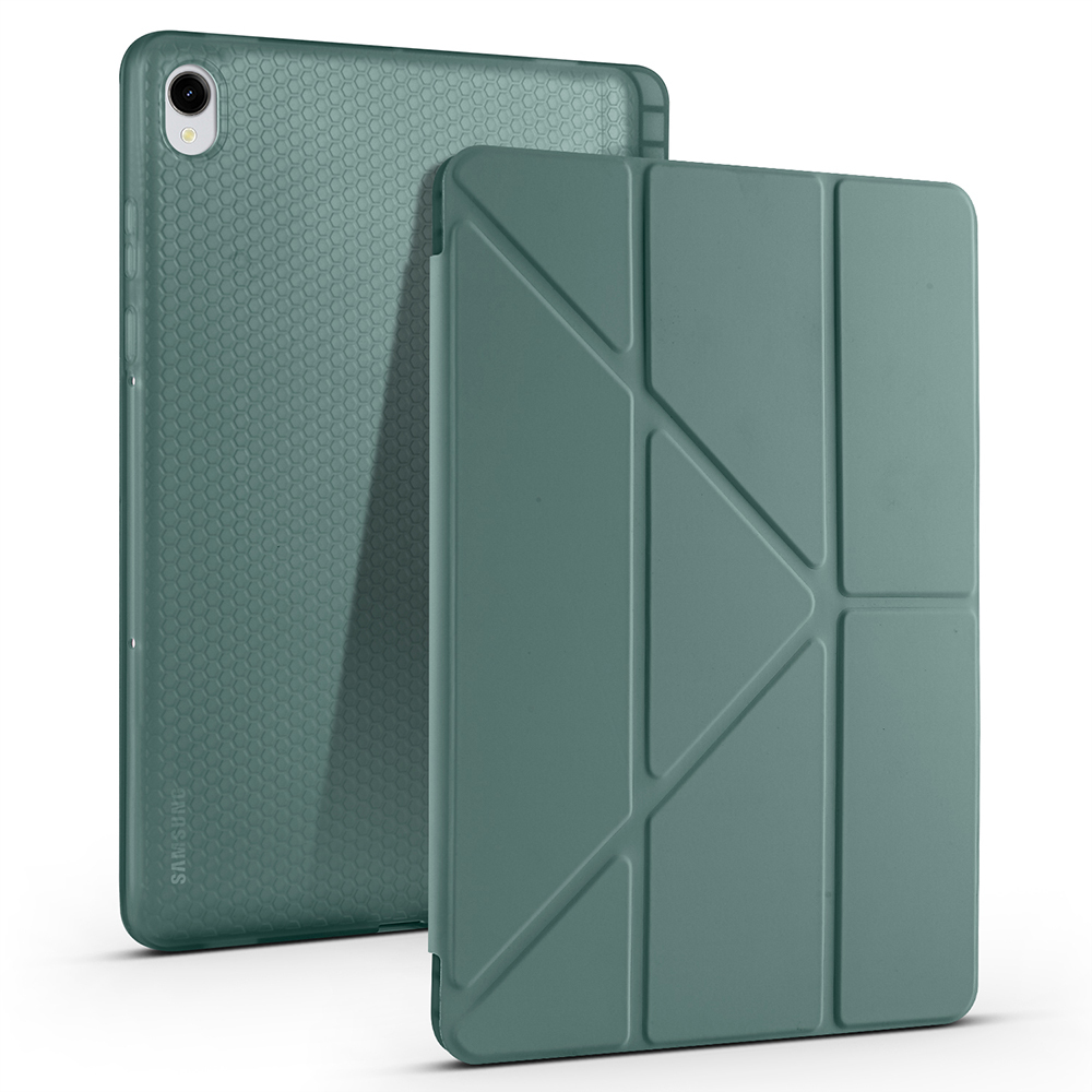 Galaxy Uyumlu Tab S11 Kılıf Zore Tri Folding Kalem Bölmeli Standlı Kılıf-Koyu yeşil