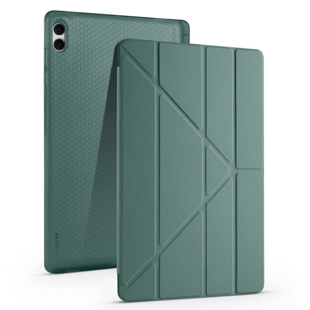 Galaxy Uyumlu Tab S11 Ultra Kılıf Zore Tri Folding Kalem Bölmeli Standlı Kılıf-Koyu yeşil