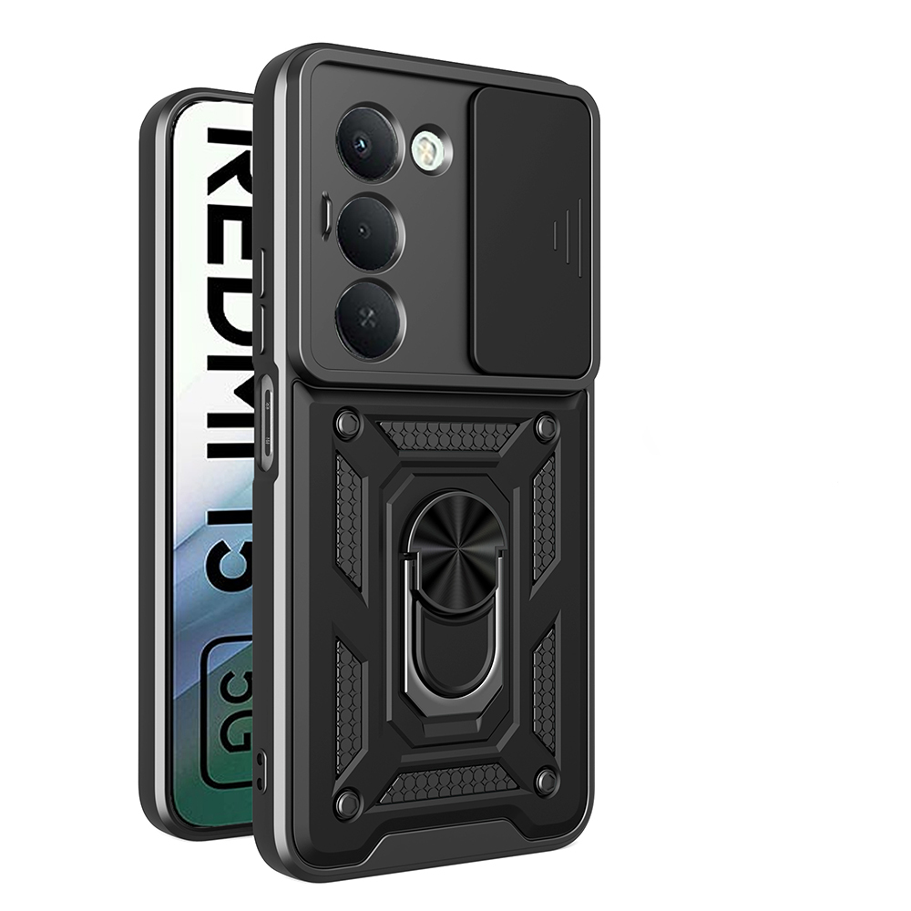 Xiaomi Uyumlu  Redmi 15 Kılıf Magnetik Standlı Kamera Korumalı Zore Sürgülü Vega Kapak-Siyah