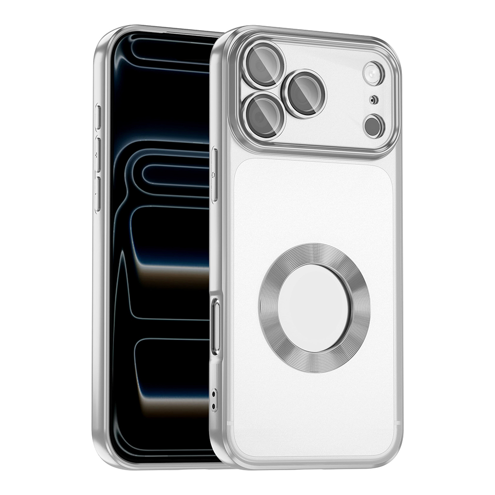 iPhone Uyumlu 17 Pro Kılıf Kamera Korumalı Logo Gösteren Zore Omega Kapak-Gümüş