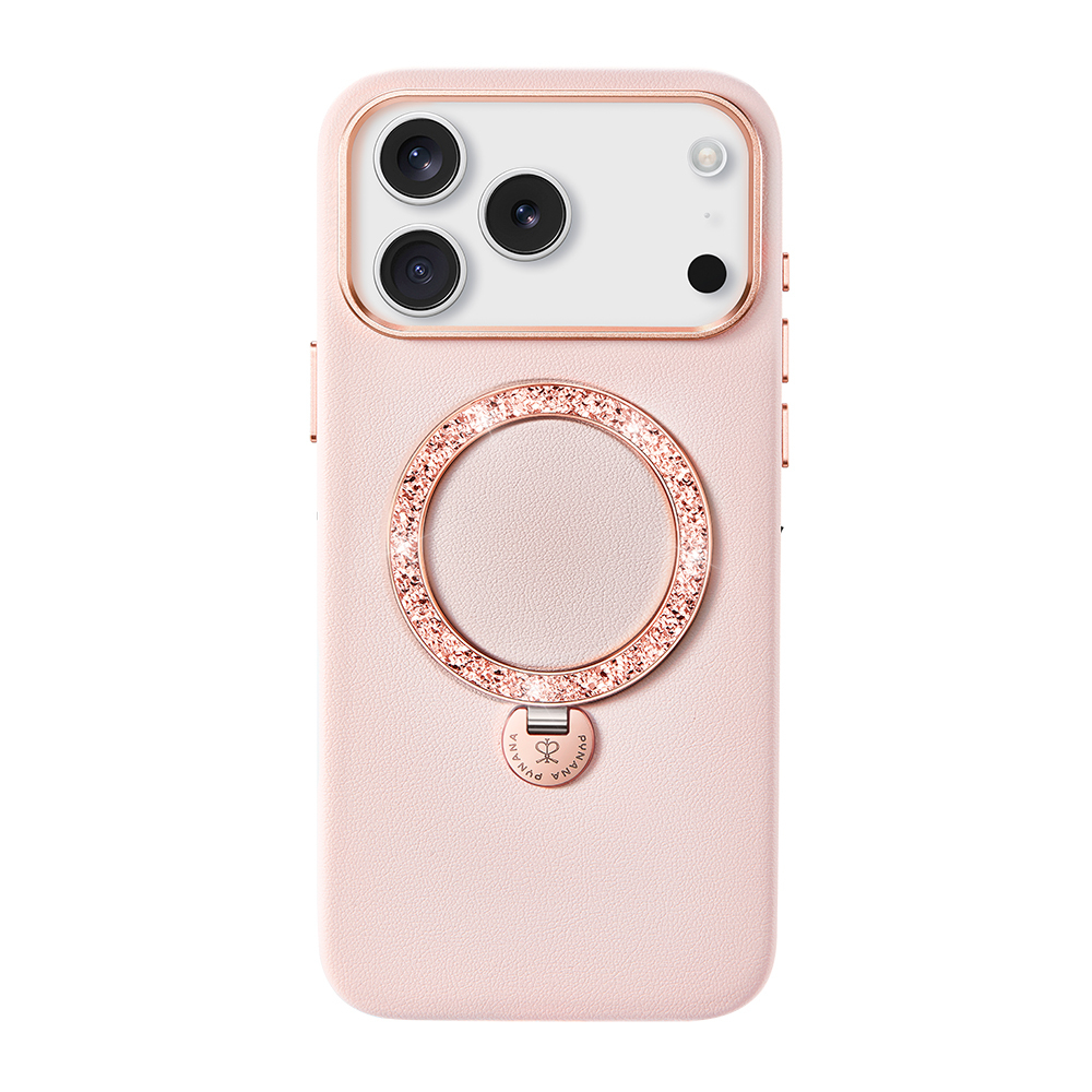 Apple iPhone 17 Pro Kılıf M-safe Şarj Özellikli Deri Tasarımlı Standlı Pynana Dancing Circle Luxury Serisi Kapak-Rose gold