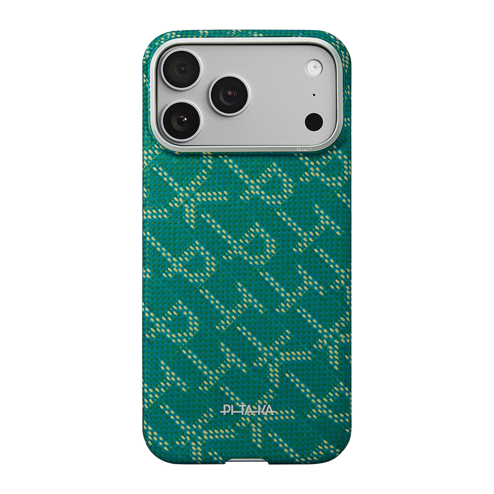 iPhone Uyumlu 17 Pro Max Kılıf M-safe Şarj Özellikli Aramid Karbon Fiber Pitaka Tactile Woven Monogram Serisi Kapak-Yeşil