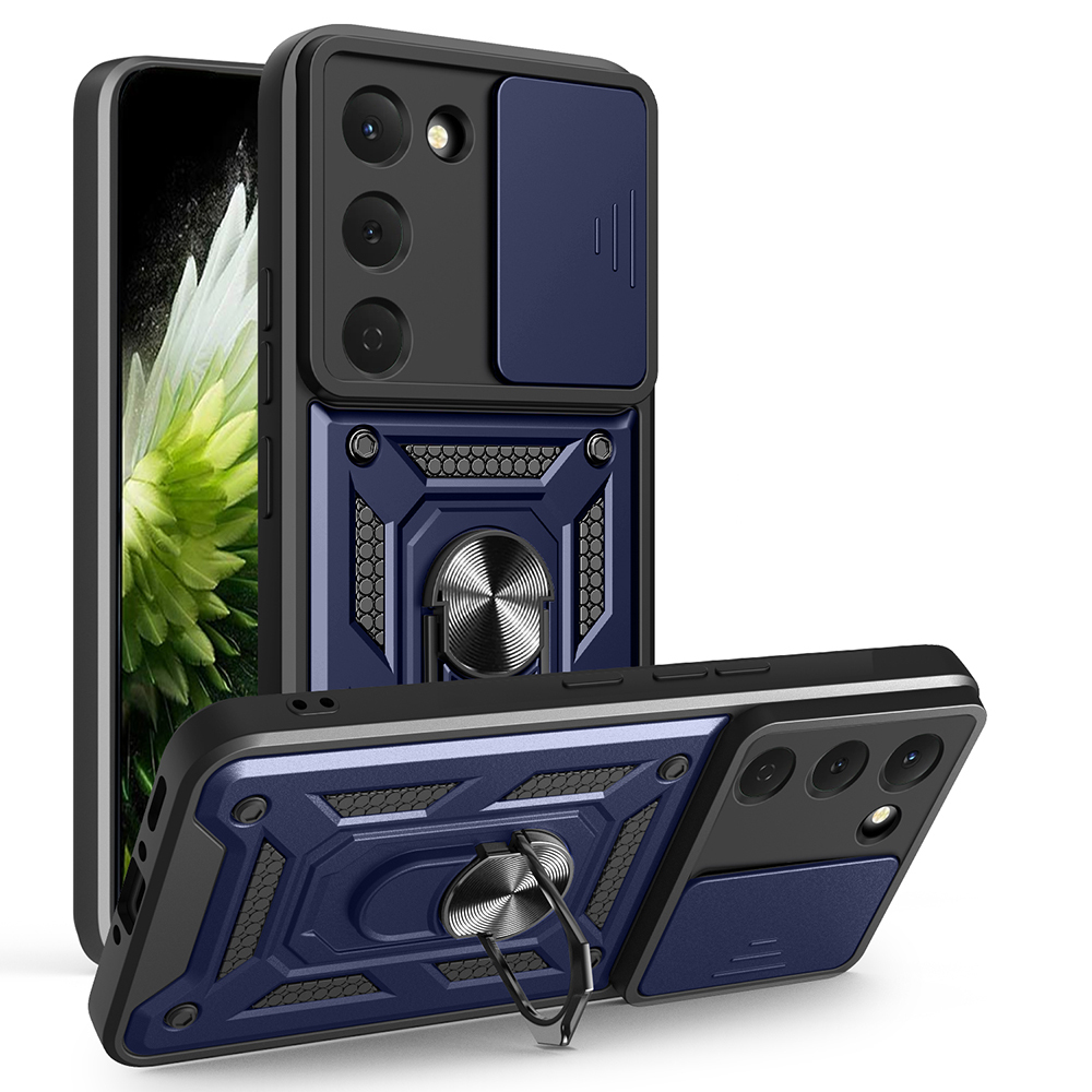 Tecno Spark 40 Pro Kılıf Magnetik Standlı Kamera Korumalı Zore Sürgülü Vega Kapak-Mavi