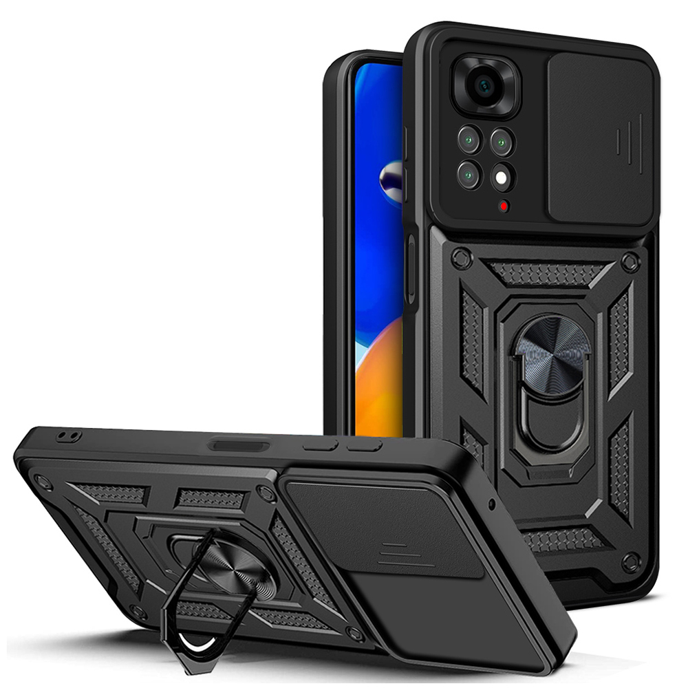 Xiaomi Uyumlu Redmi Note 11S Global Kılıf Magnetik Standlı Kamera Korumalı Zore Sürgülü Vega Kapak-Siyah