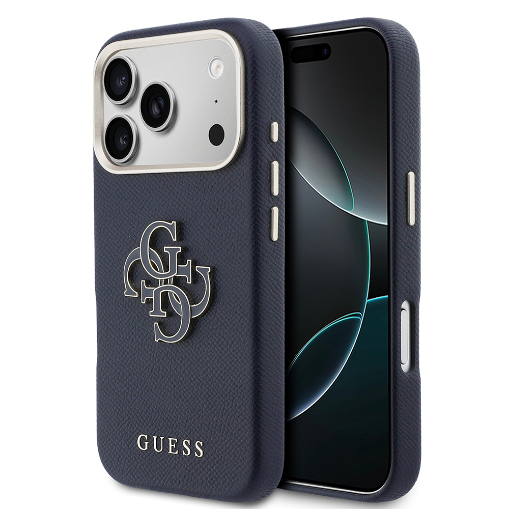 iPhone Uyumlu 17 Pro Kılıf Guess Orjinal Lisanslı 4G Büyük Metal Kamera Çerçeveli PU Deri Resin Kapak-Mavi