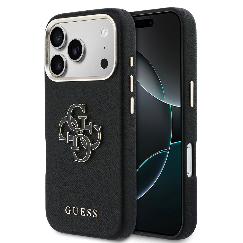 iPhone Uyumlu 17 Pro Kılıf Guess Orjinal Lisanslı 4G Büyük Metal Kamera Çerçeveli PU Deri Resin Kapak-Siyah