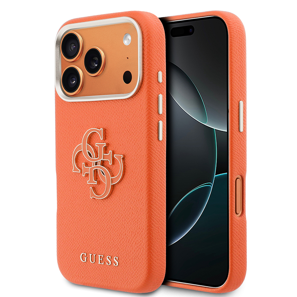 iPhone Uyumlu 17 Pro Kılıf Guess Orjinal Lisanslı 4G Büyük Metal Kamera Çerçeveli PU Deri Resin Kapak-Turuncu