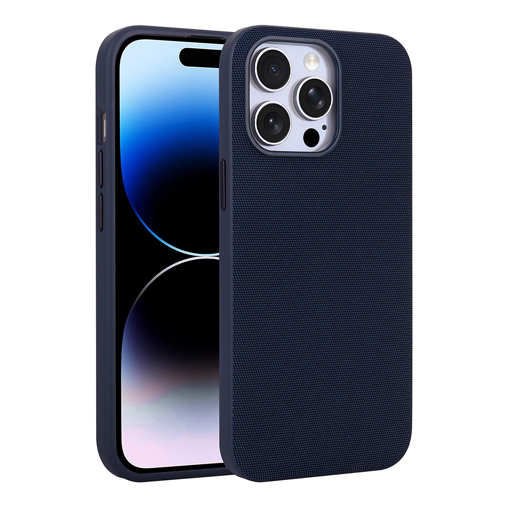 iPhone Uyumlu 14 Pro Max Kılıf M-Safe Şarj Özellikli Kumaş Tasarımlı Zore Miami Sert PC Kapak-Lacivert
