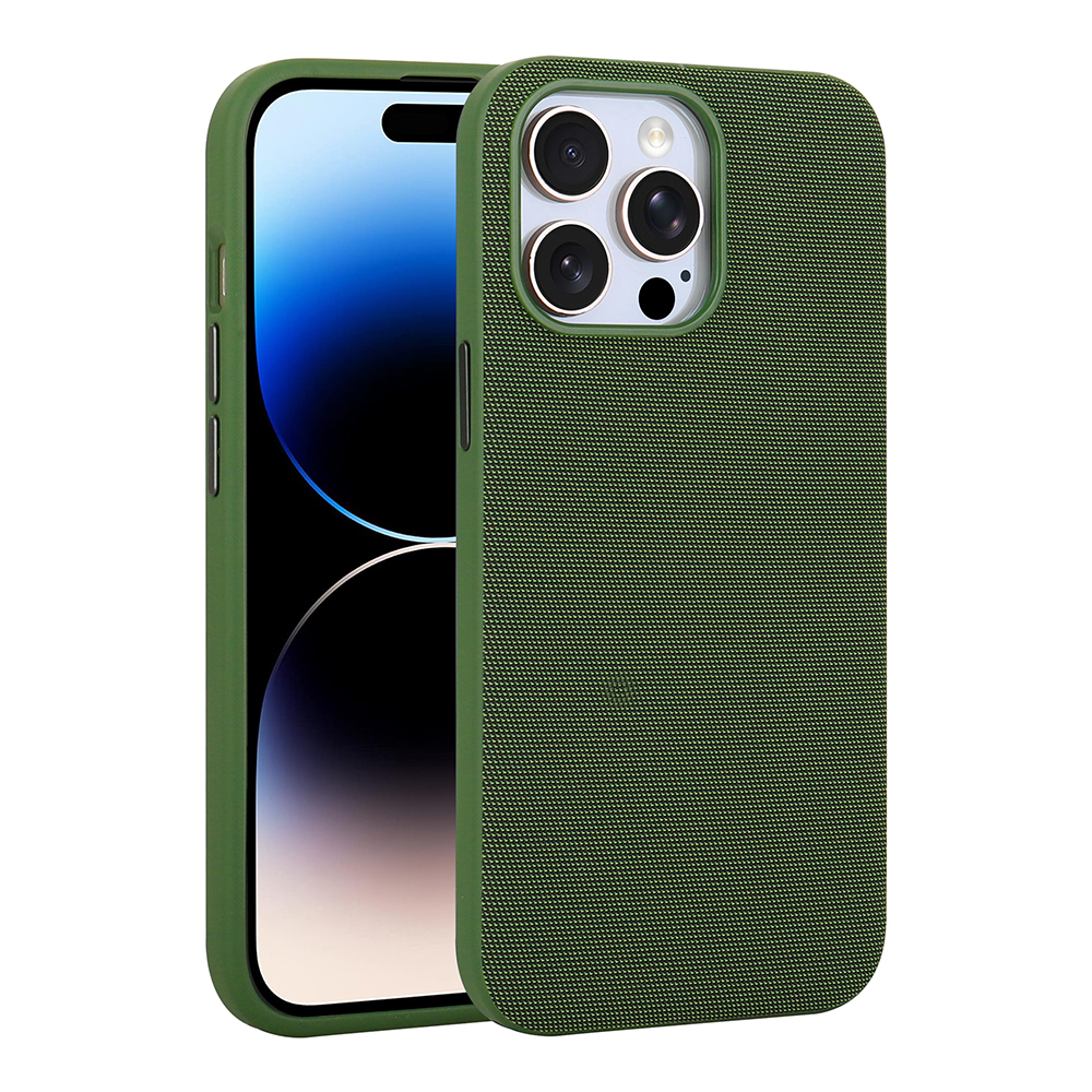 iPhone Uyumlu 14 Pro Max Kılıf M-Safe Şarj Özellikli Kumaş Tasarımlı Zore Miami Sert PC Kapak-Yeşil
