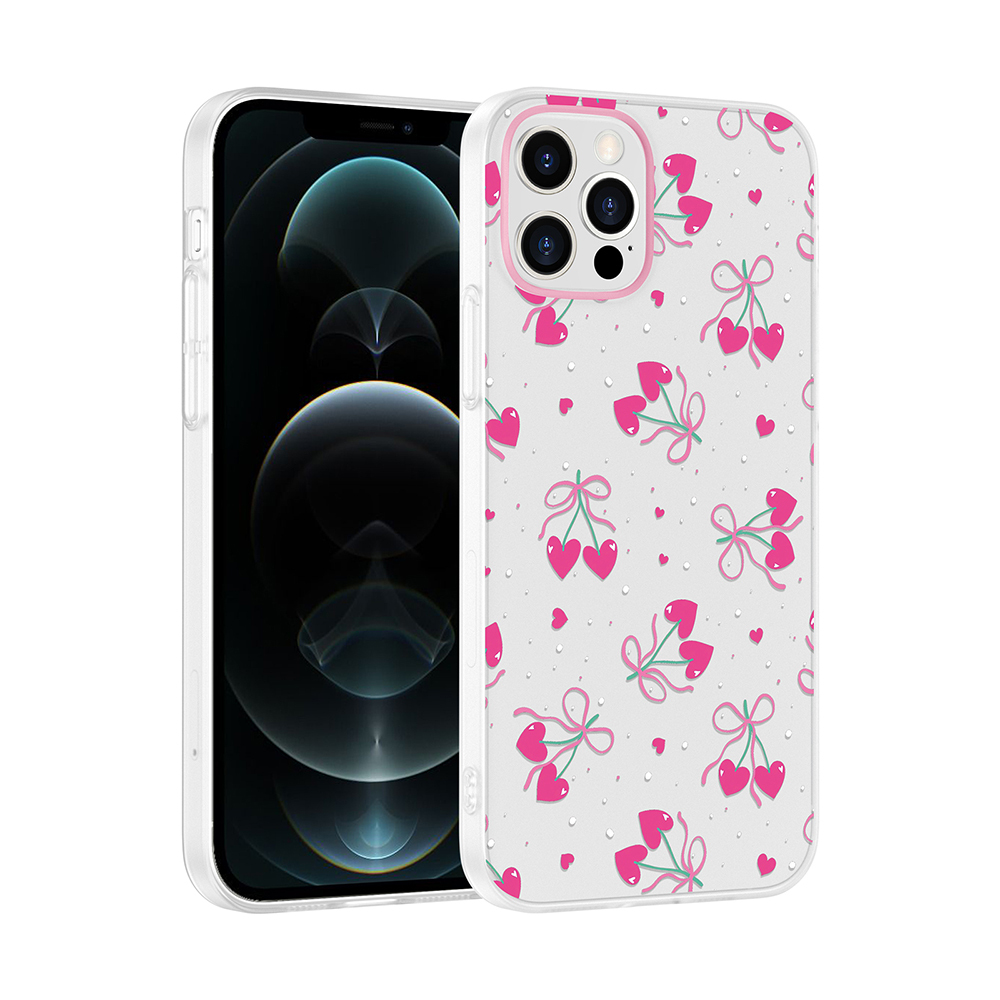 iPhone Uyumlu 12 Kılıf Kamera Korumalı Desenli Zore Klip Kapak-Kalpli kiraz